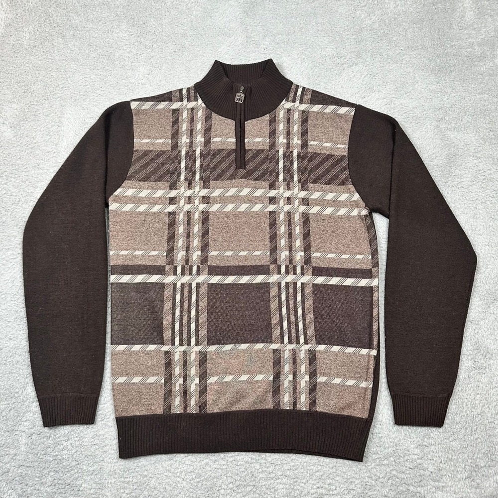Red Ape Mens XL Brown Plaid Quarter Zip Mock Neck Cotton Blend Sweater Dad Style